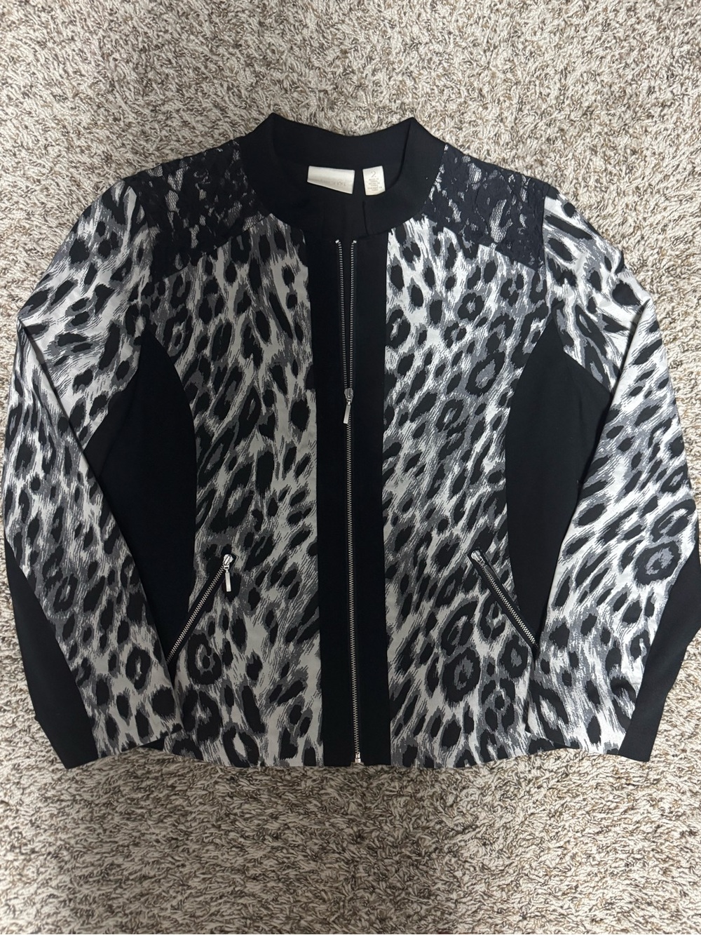 Chico's Black and Silver Leopard-Print Zip Bomber Jacket with Contrast Panels